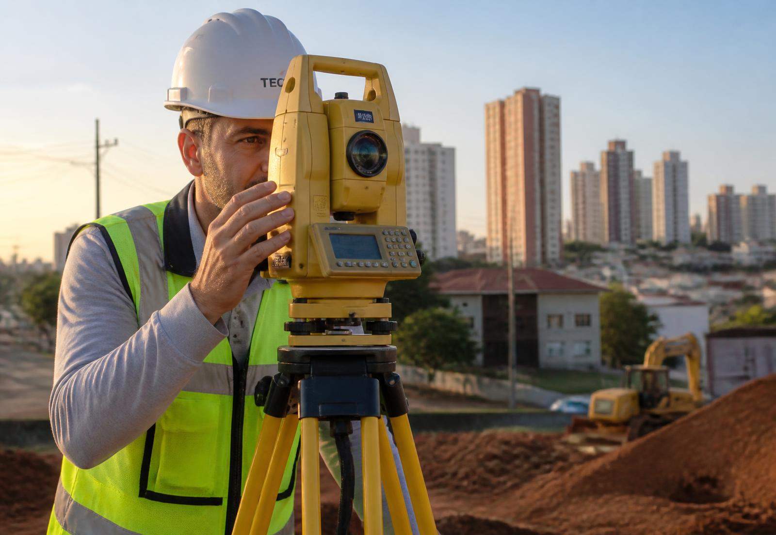 Topógrafo operando estação total em obra em Curitiba